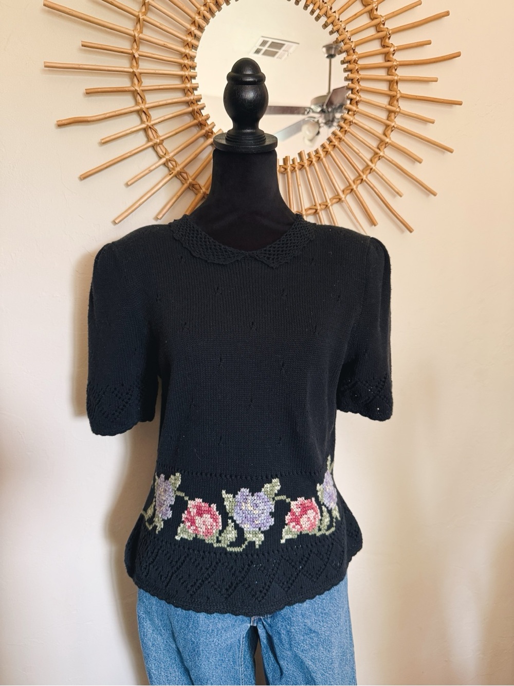 Susan Bristol Black Knit Pullover with Embroidered Waist